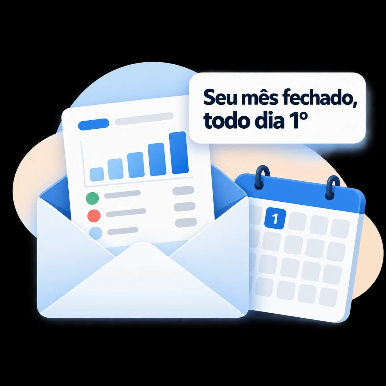 Ilustração de um e-mail com o resumo do mês e um calendário marcando o dia 1º.